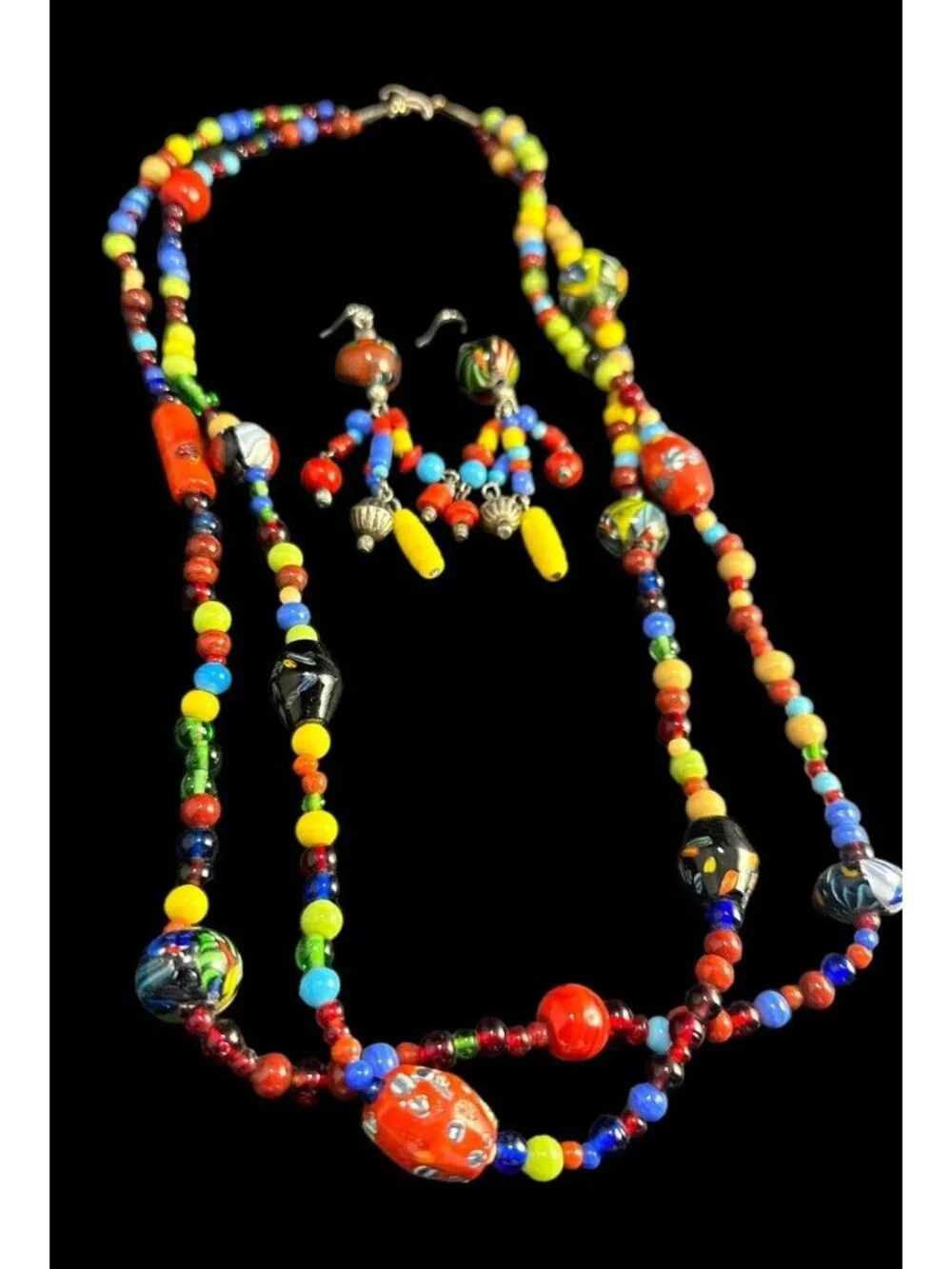 Jewelry Set Millefiori Two Strand Murano Art Glass Beaded Necklace And Earrings